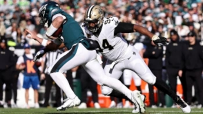 Saints DE Cameron Jordan (94) sacks Eagles QB Gardner Minshew (10). Credit: SportsMax
